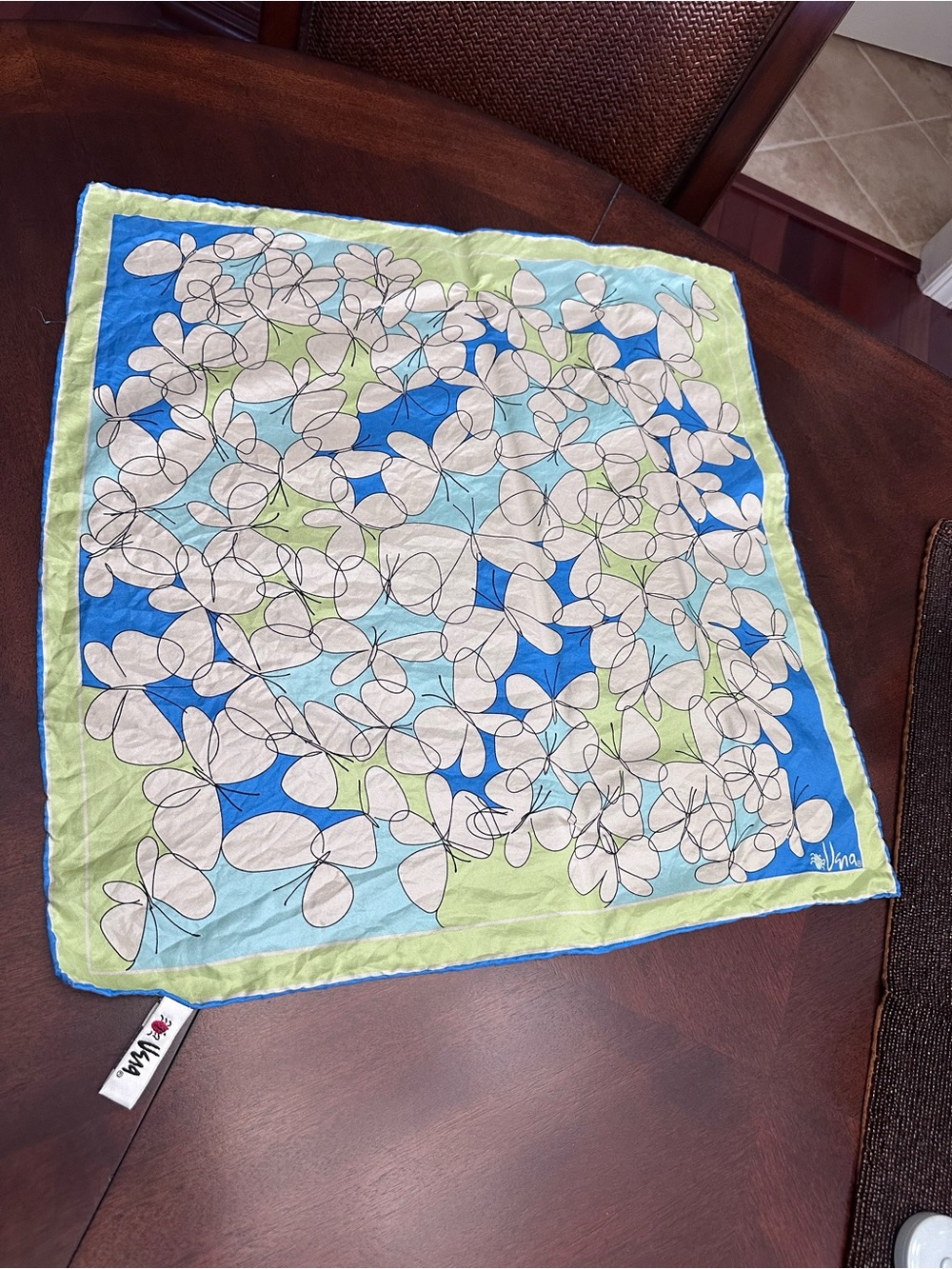 Vintage Vera Neumann 100% Silk Square Scarf Butterfly Print Mod Blue Green MCM
